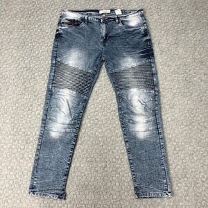 Akademiks Jeanius Jeans Mens 34x32 Blue Moto Biker Ribbed Knees Stretch Denim